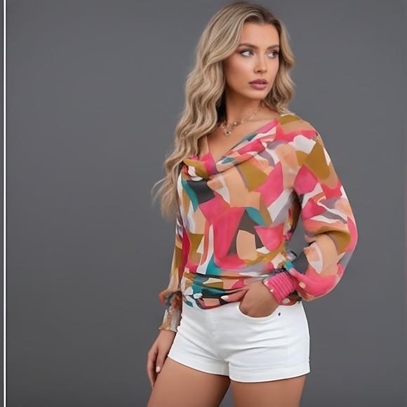 Chiffon Draped Neck Graphic Print Top - Picture 3 of 5